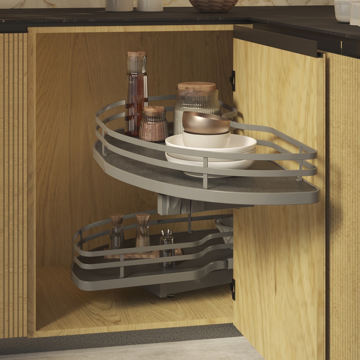 Website-ImagesQuest-Website-ImagesCabinet-FittingsImagesAuraGlide-2.0Aura-Glide-2.0-Pull-Out-Corner-Unit-Anthracite-Left-Hand-Lifestyle